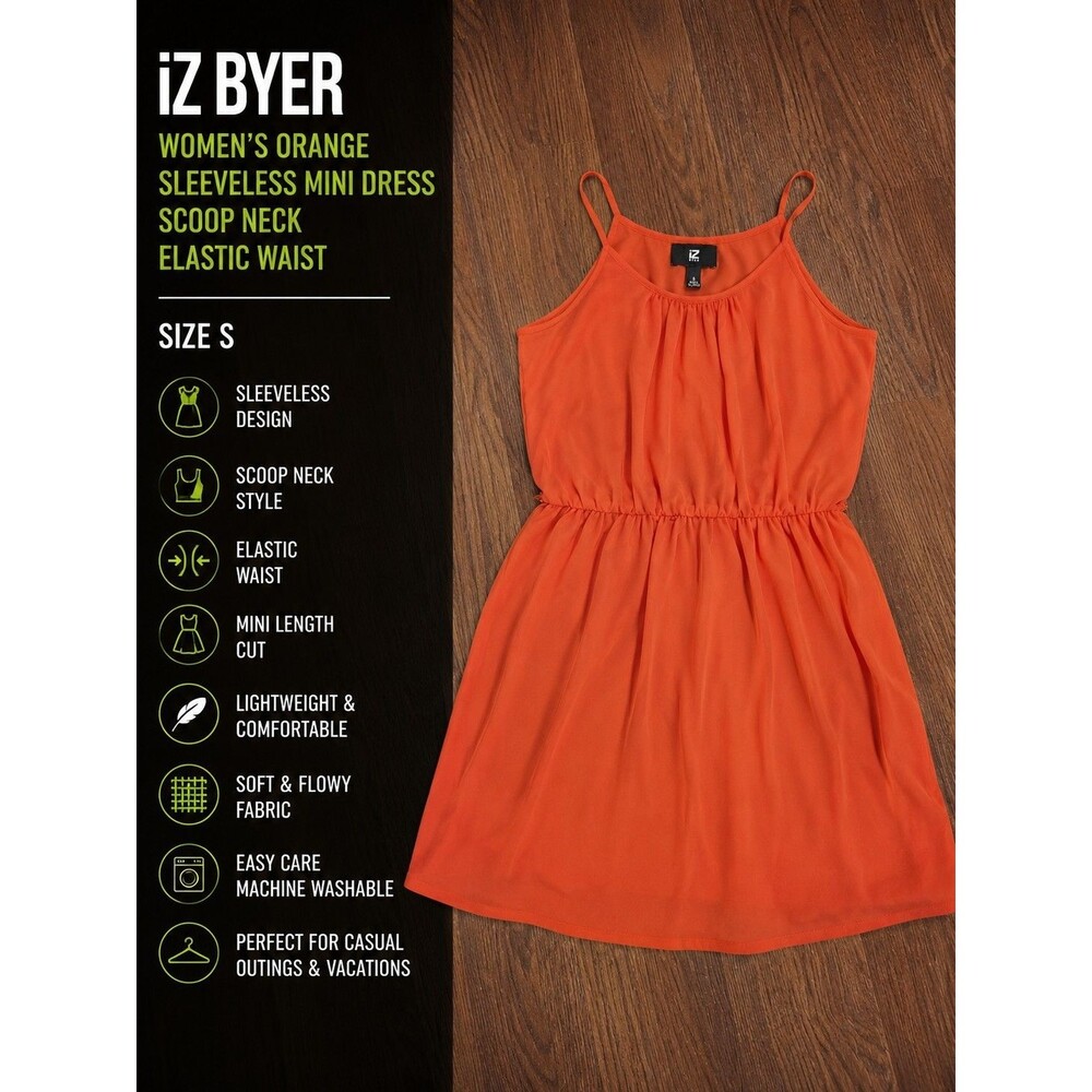 iZ Byer Women's Orange Sleeveless Mini Dress Scoop Neck Elastic Waist S